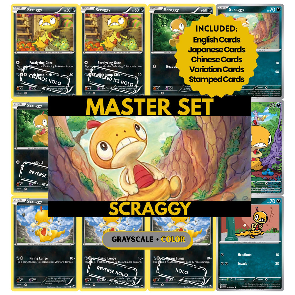 Scraggy binder pages set showing grayscale and color Pokémon cards, designed as a digital download to complete a collector’s binder.