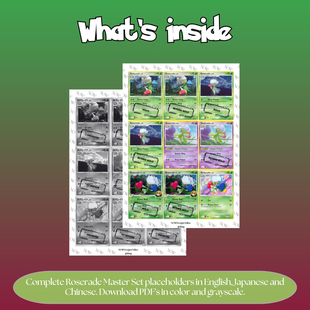 Roserade binder pages set overview showing the included Pokémon cards to print and cut for your binder sleeves.