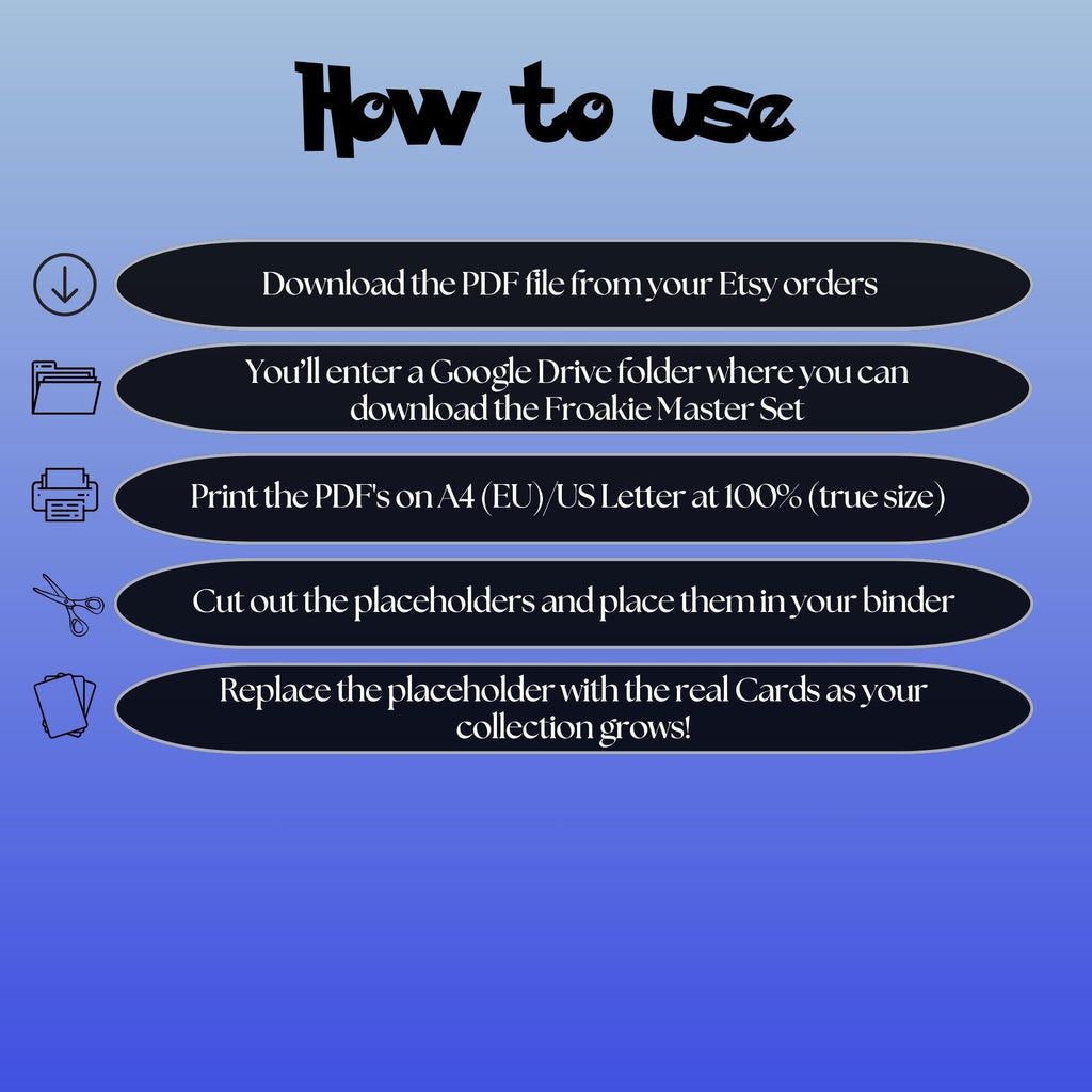 Froakie cards digital download instructions explaining how to print, cut, and place placeholders in a Pokémon binder.