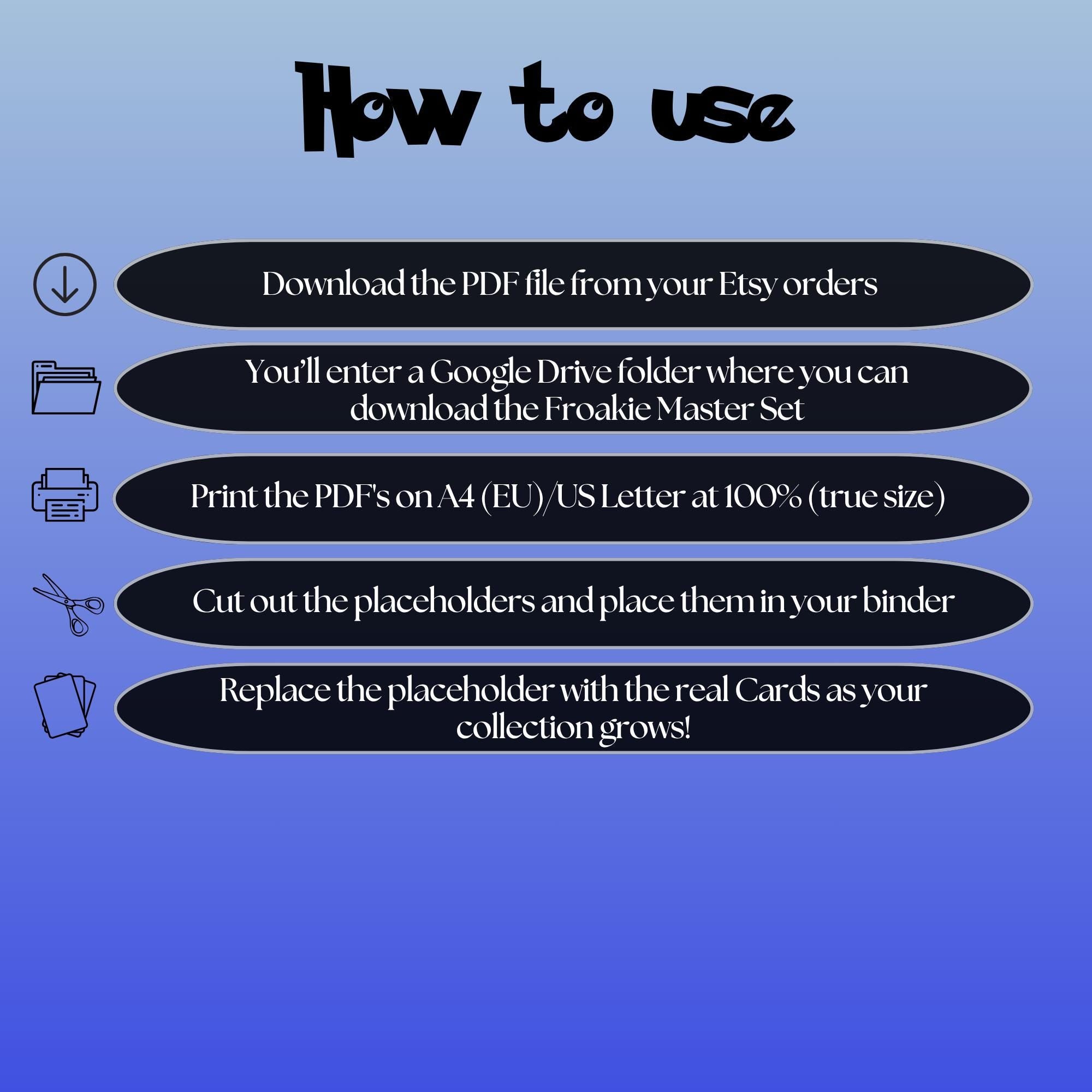 Froakie cards digital download instructions explaining how to print, cut, and place placeholders in a Pokémon binder.