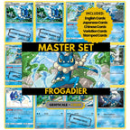 Frogadier binder pages set showing grayscale and color Pokémon cards, designed as a digital download to complete a collector’s binder.