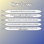 Meowstic cards digital download instructions explaining how to print, cut, and place placeholders in a Pokémon binder.