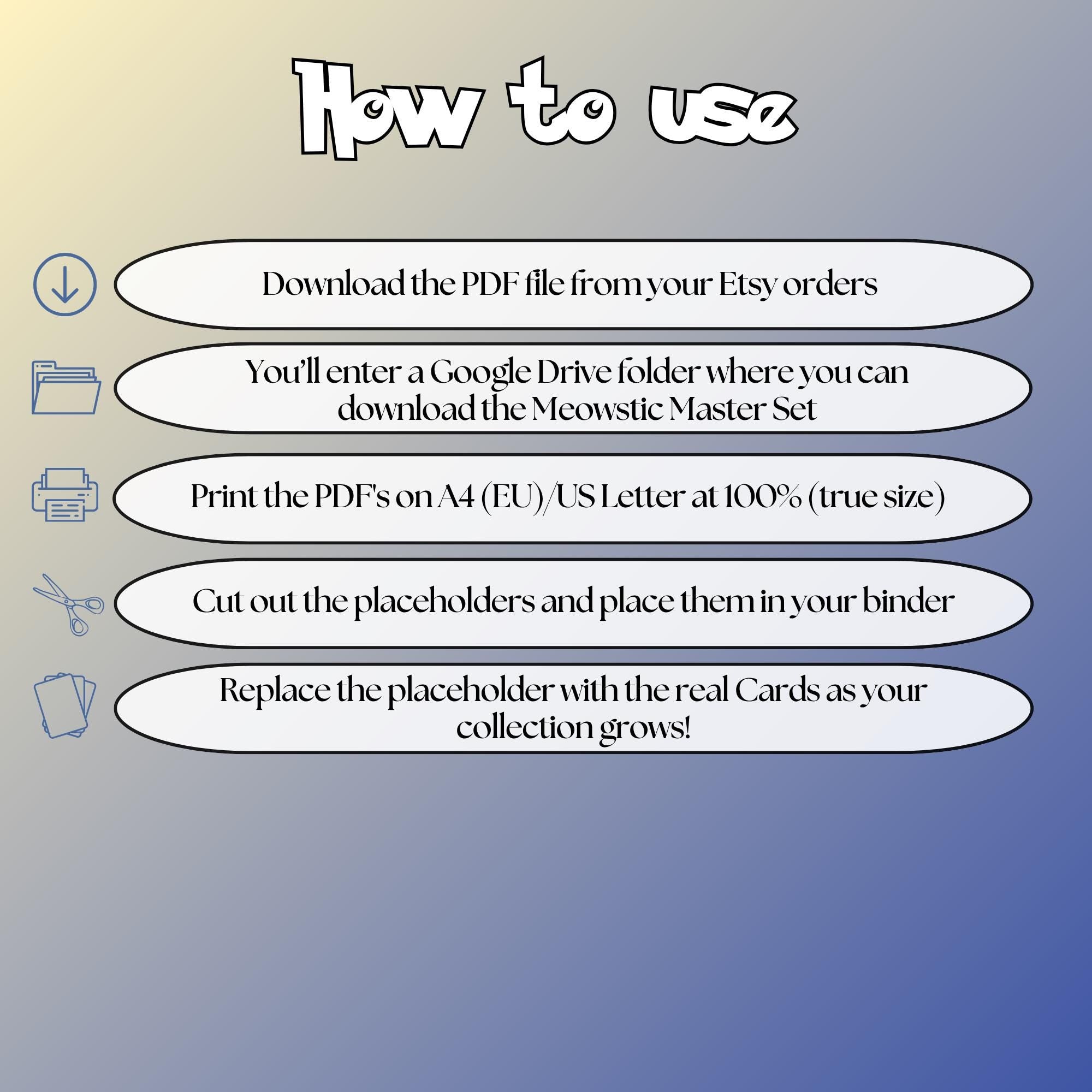 Meowstic cards digital download instructions explaining how to print, cut, and place placeholders in a Pokémon binder.