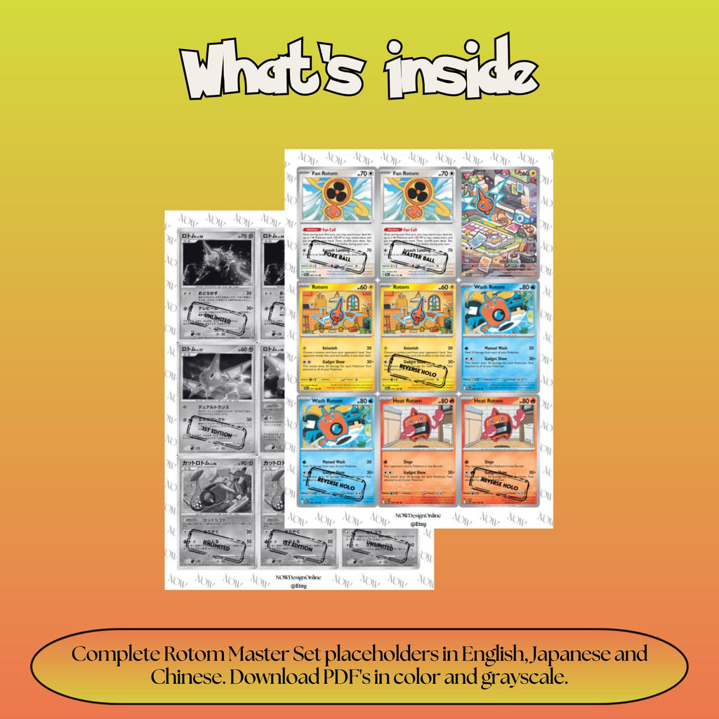 Rotom binder pages set overview showing the included Pokémon cards to print and cut for your binder sleeves.