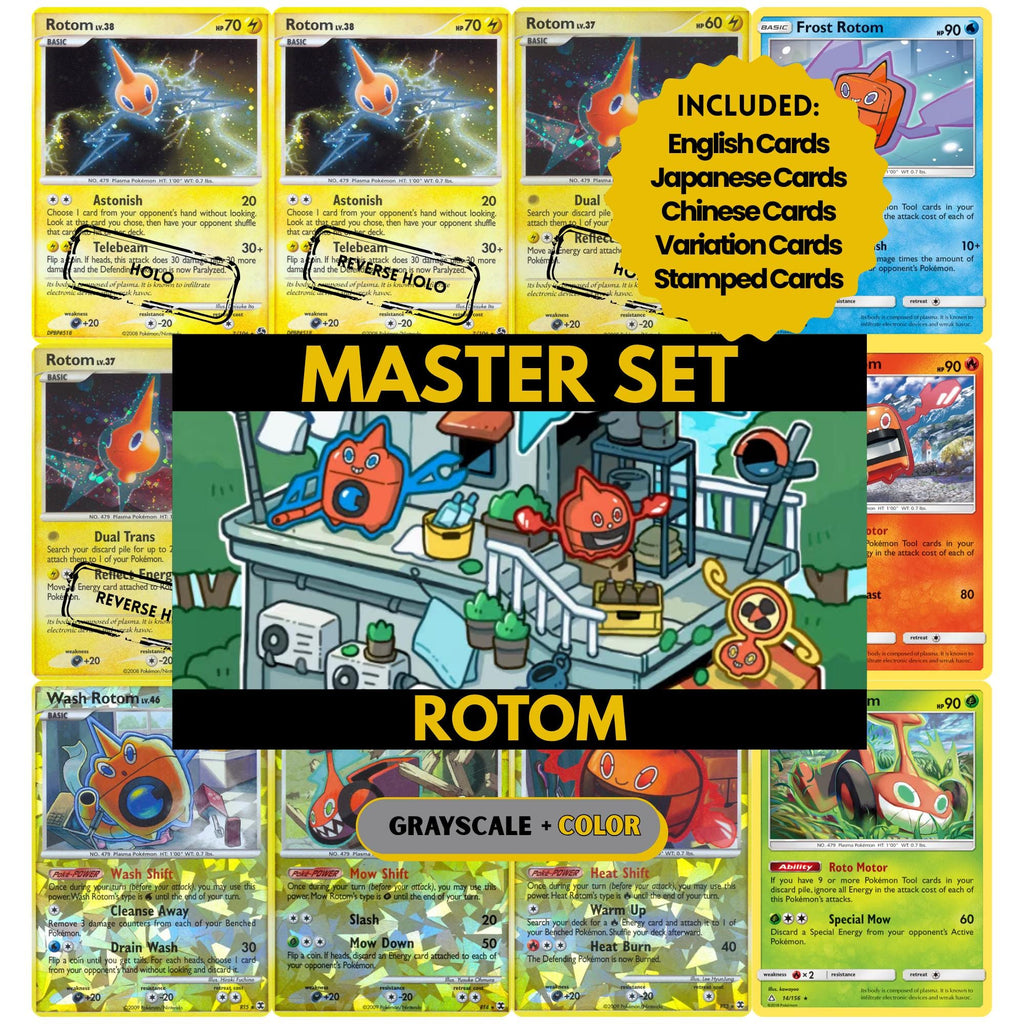 Rotom binder pages set showing grayscale and color Pokémon cards, designed as a digital download to complete a collector’s binder.