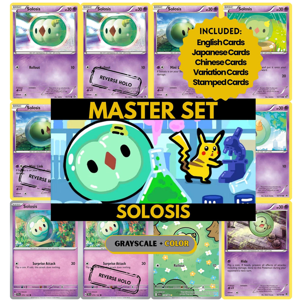 Solosis binder pages set showing grayscale and color Pokémon cards, designed as a digital download to complete a collector’s binder.