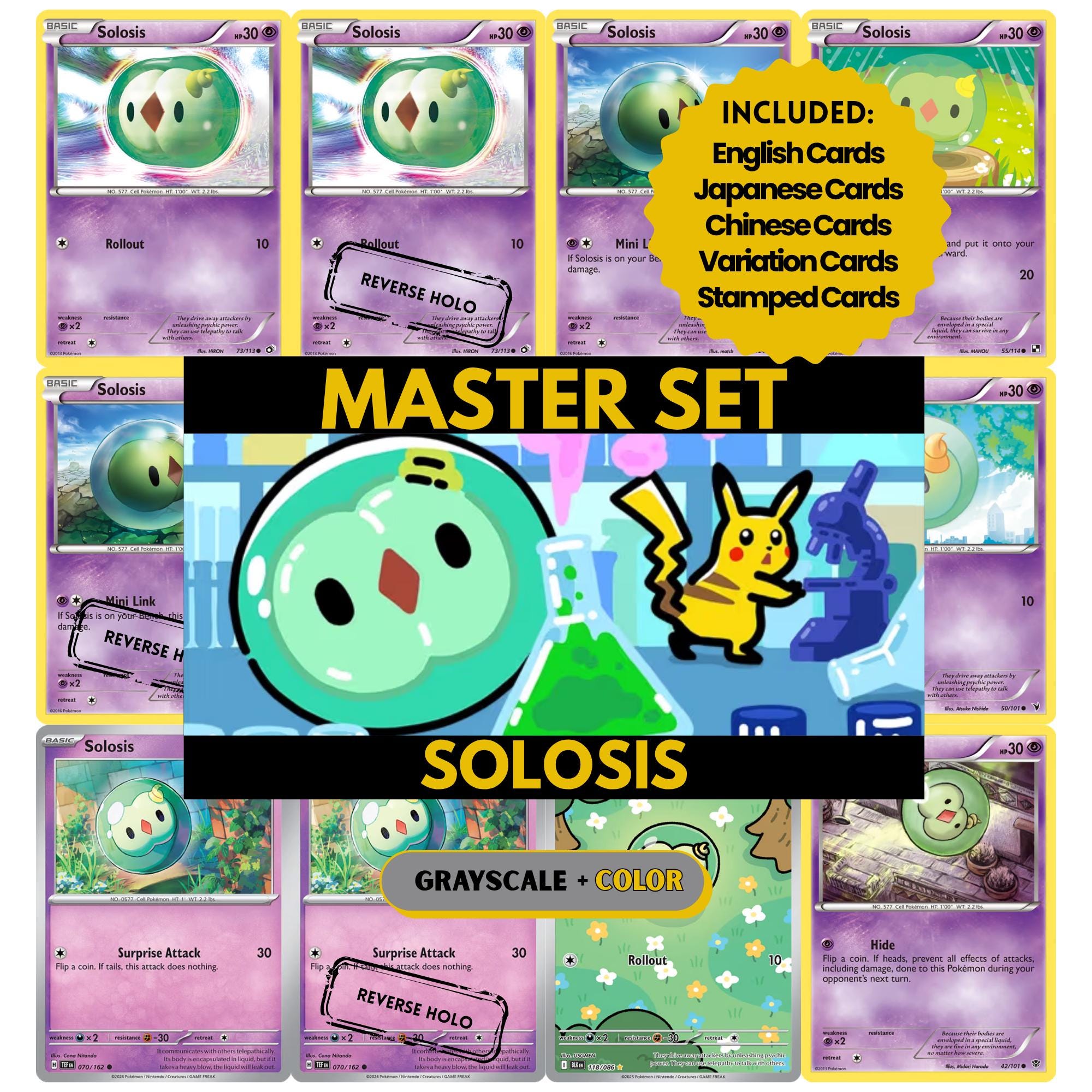 Solosis binder pages set showing grayscale and color Pokémon cards, designed as a digital download to complete a collector’s binder.