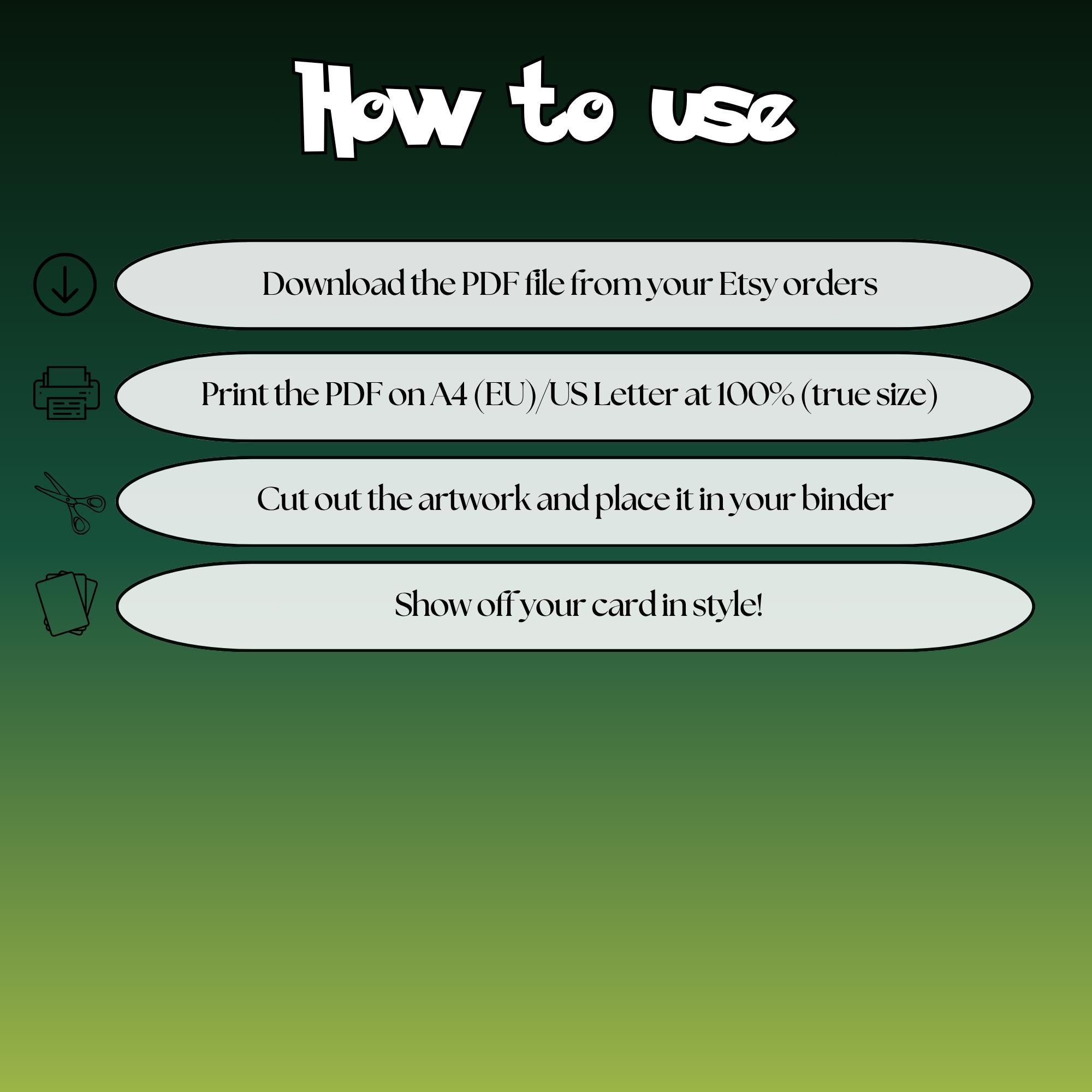 How to use instructions for printable Pikachu extended binder art, showing steps for downloading, printing, cutting and inserting the artwork to your binder.