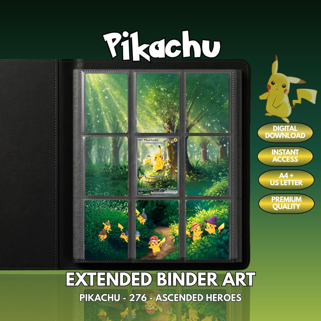 Extended binder art cover featuring Pikachu Card in a 3×3 binder layout, with framed artwork accents and digital download labels.