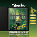 Extended binder art cover featuring Pikachu Card in a 3×3 binder layout, with framed artwork accents and digital download labels.
