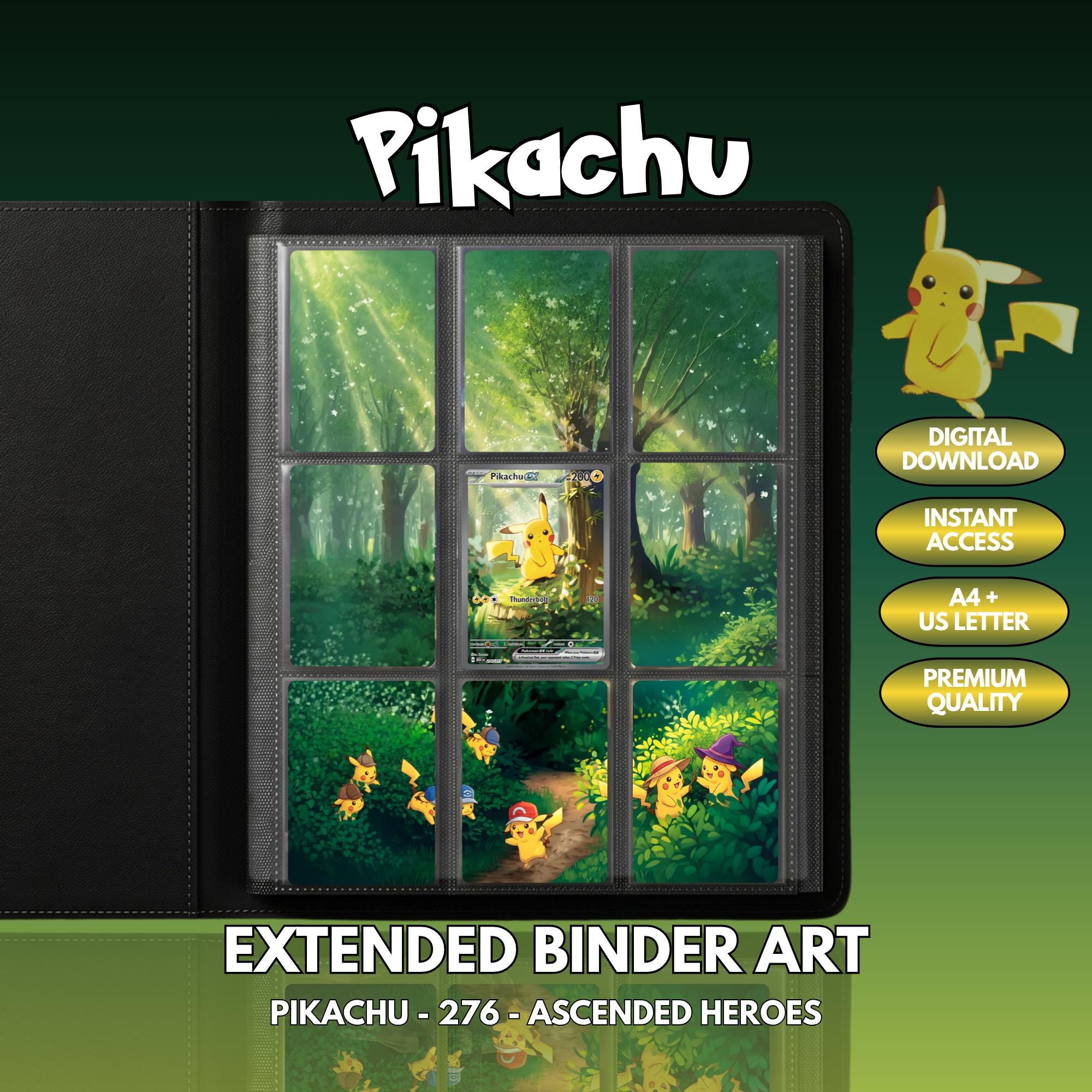 Extended binder art cover featuring Pikachu Card in a 3×3 binder layout, with framed artwork accents and digital download labels.