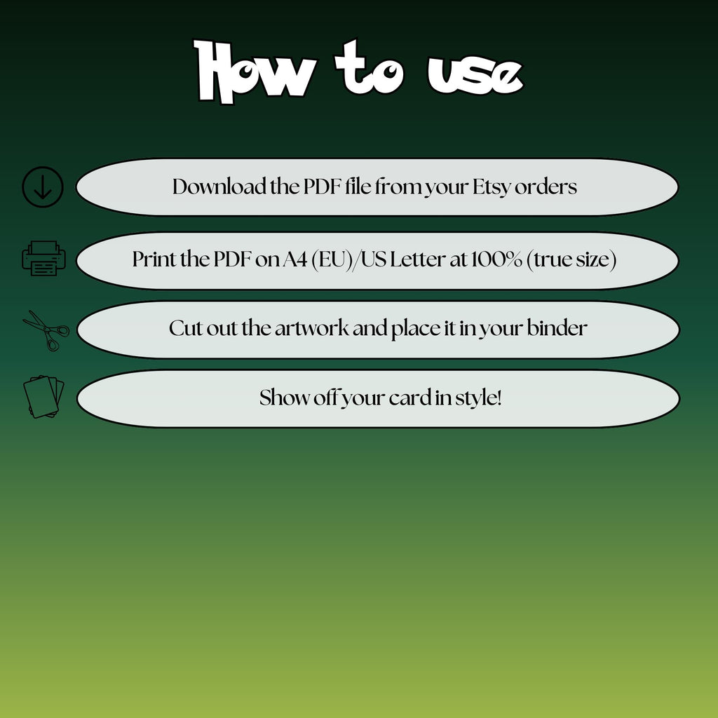 How to use instructions for printable Pikachu extended binder art, showing steps for downloading, printing, cutting and inserting the artwork to your binder.
