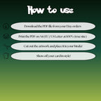 How to use instructions for printable Pikachu extended binder art, showing steps for downloading, printing, cutting and inserting the artwork to your binder.