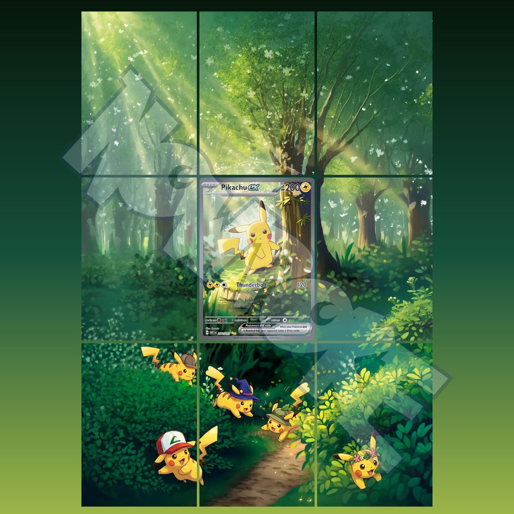 2.	Pikachu card displayed in extended binder artwork, styled as premium extended binder art for Pokémon collectors. Shows what you will receive as a PDF to download and print.