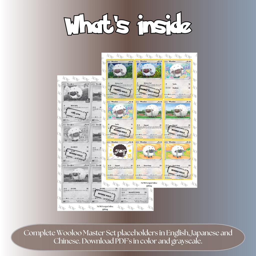 Wooloo binder pages set overview showing the included Pokémon cards to print and cut for your binder sleeves.