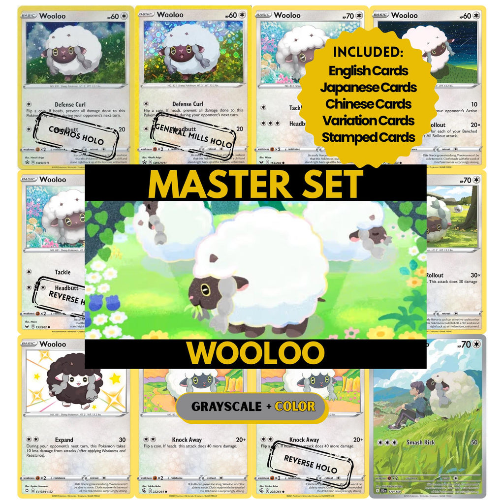 Wooloo binder pages set showing grayscale and color Pokémon cards, designed as a digital download to complete a collector’s binder.