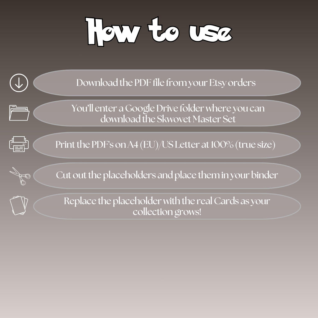 Skwovet cards digital download instructions explaining how to print, cut, and place placeholders in a Pokémon binder.