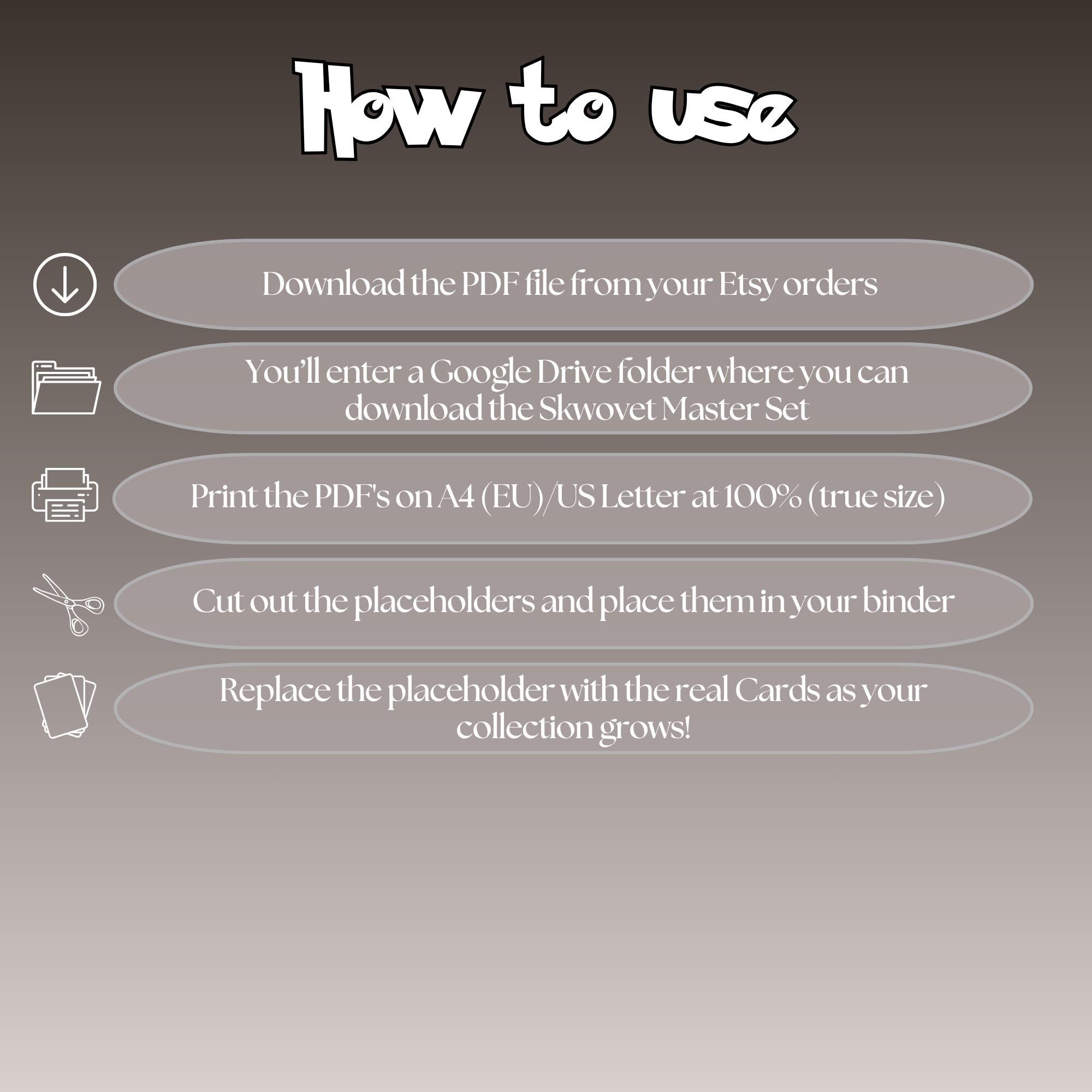 Skwovet cards digital download instructions explaining how to print, cut, and place placeholders in a Pokémon binder.