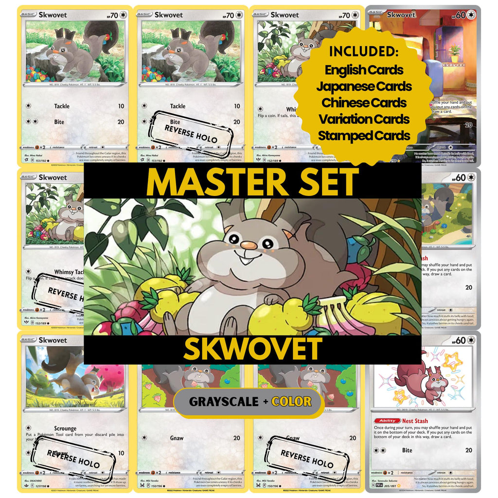 Skwovet binder pages set showing grayscale and color Pokémon cards, designed as a digital download to complete a collector’s binder.