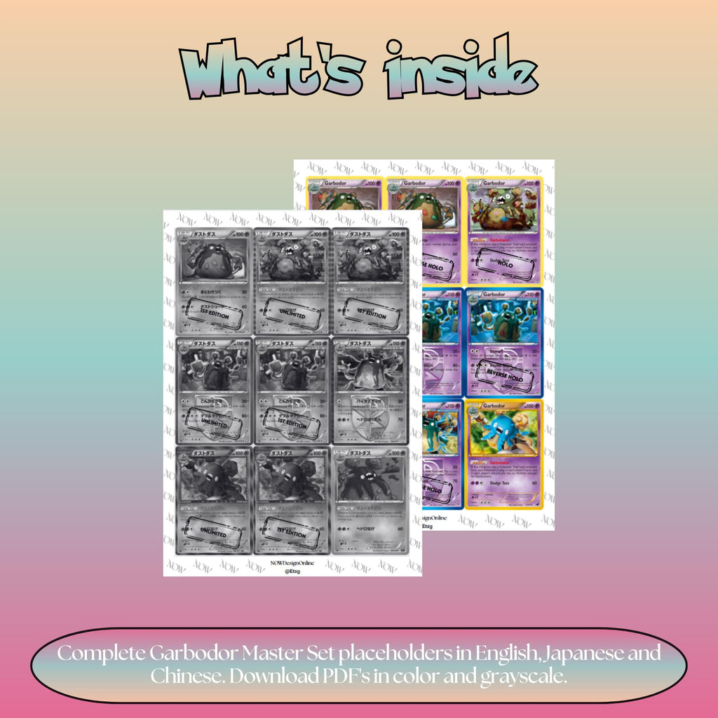 Garbodor binder pages set overview showing the included Pokémon cards to print and cut for your binder sleeves.