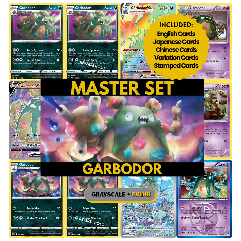 Garbodor binder pages set showing grayscale and color Pokémon cards, designed as a digital download to complete a collector’s binder.