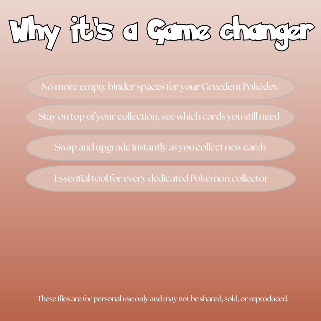 Greedent set checklist highlighting the benefits of tracking and upgrading your Pokémon card collection.
