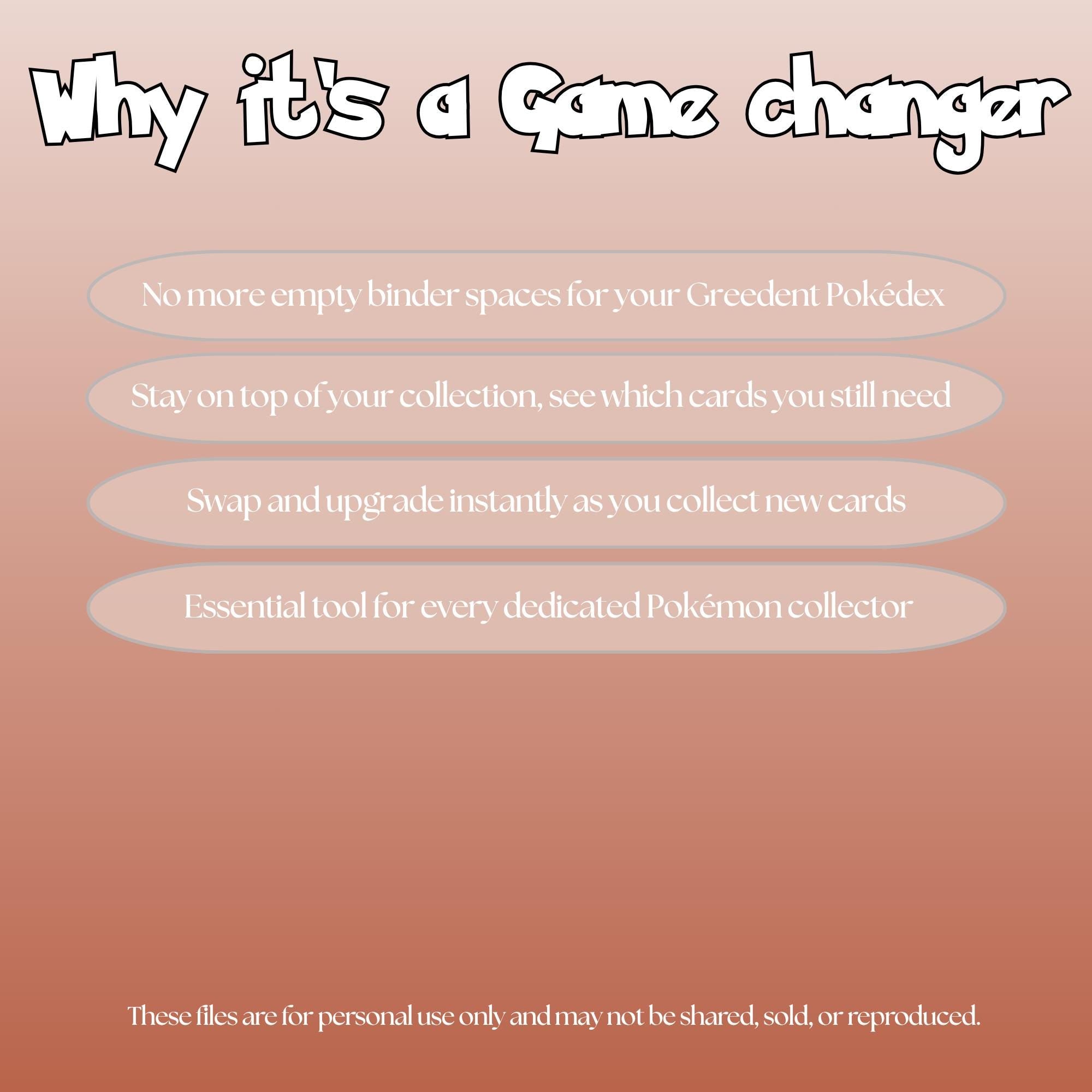 Greedent set checklist highlighting the benefits of tracking and upgrading your Pokémon card collection.