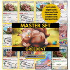 Greedent binder pages set showing grayscale and color Pokémon cards, designed as a digital download to complete a collector’s binder.