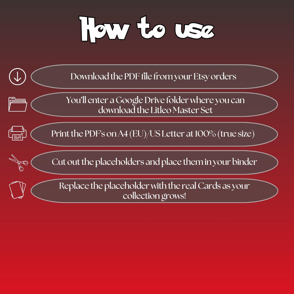 Litleo cards digital download instructions explaining how to print, cut, and place placeholders in a Pokémon binder.