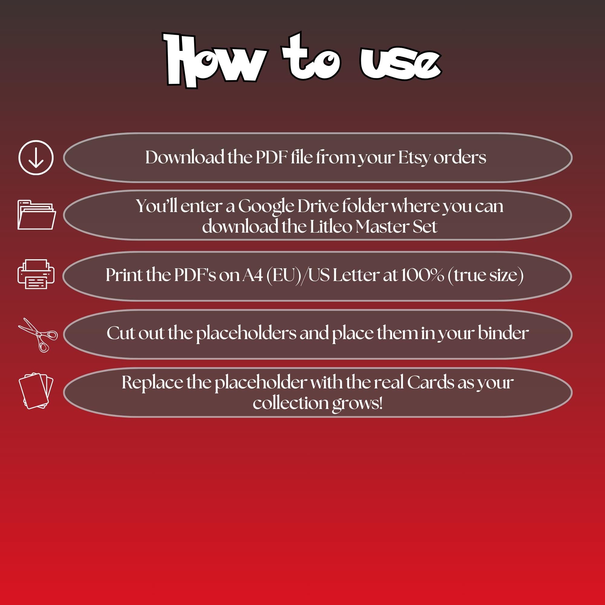 Litleo cards digital download instructions explaining how to print, cut, and place placeholders in a Pokémon binder.