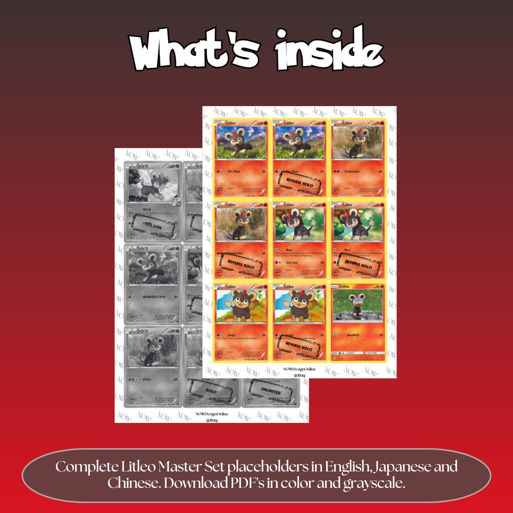 Litleo binder pages set overview showing the included Pokémon cards to print and cut for your binder sleeves.