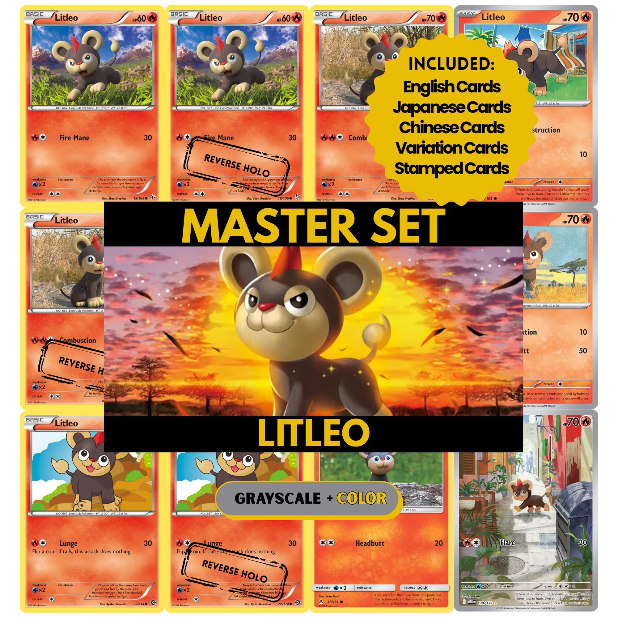 Litleo binder pages set showing grayscale and color Pokémon cards, designed as a digital download to complete a collector’s binder.