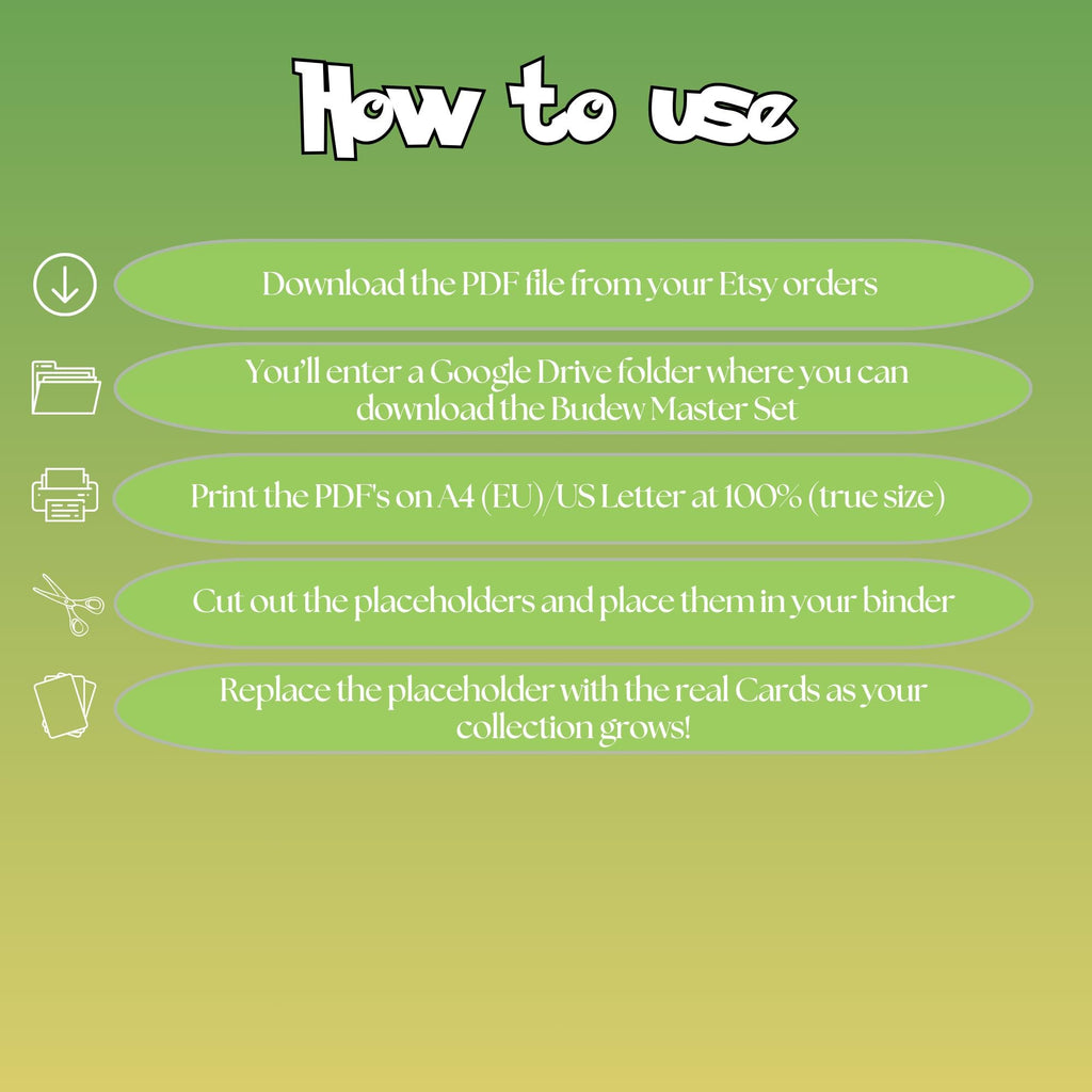 Budew cards digital download instructions explaining how to print, cut, and place placeholders in a Pokémon binder.