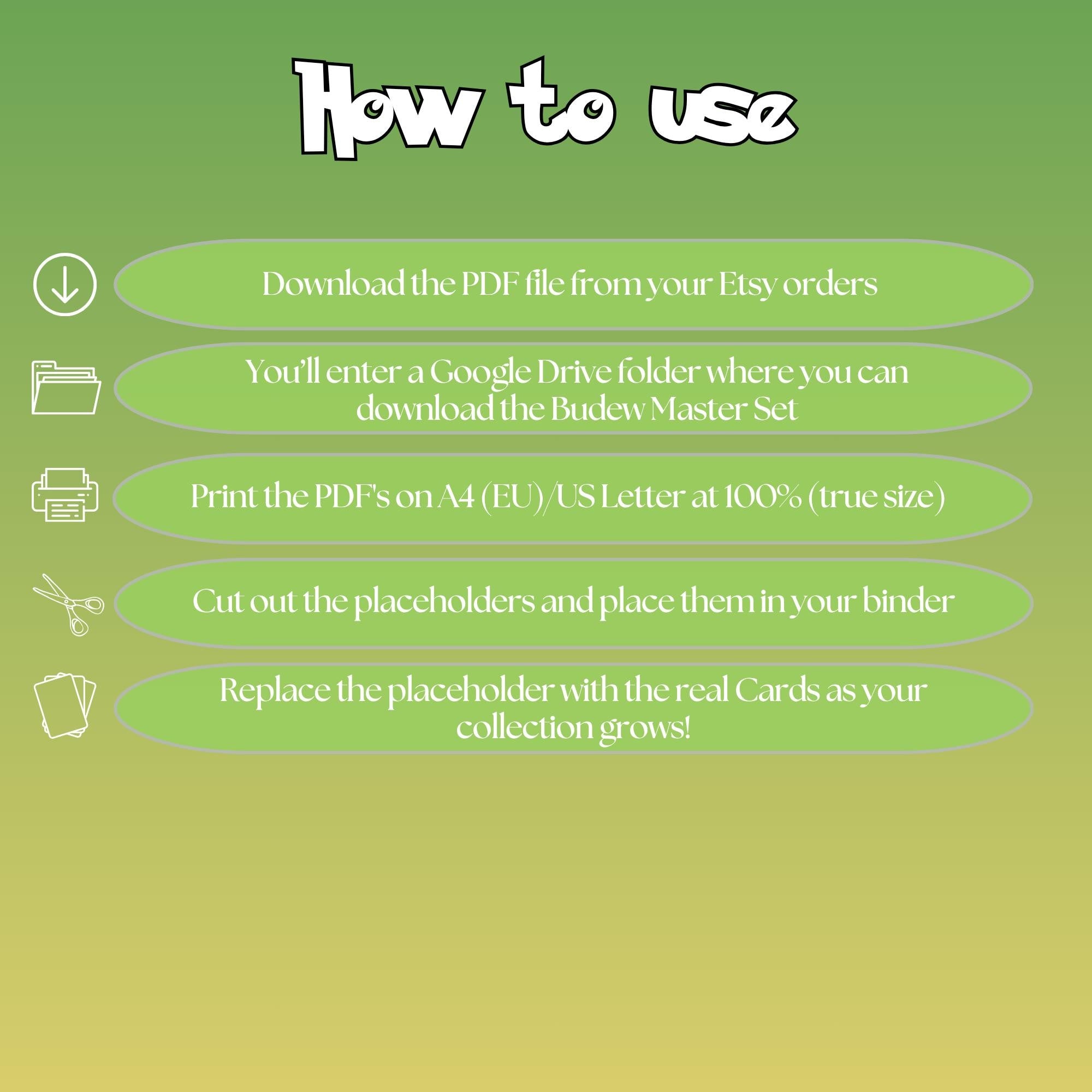 Budew cards digital download instructions explaining how to print, cut, and place placeholders in a Pokémon binder.