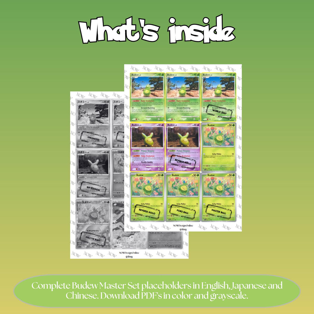 Budew binder pages set overview showing the included Pokémon cards to print and cut for your binder sleeves.