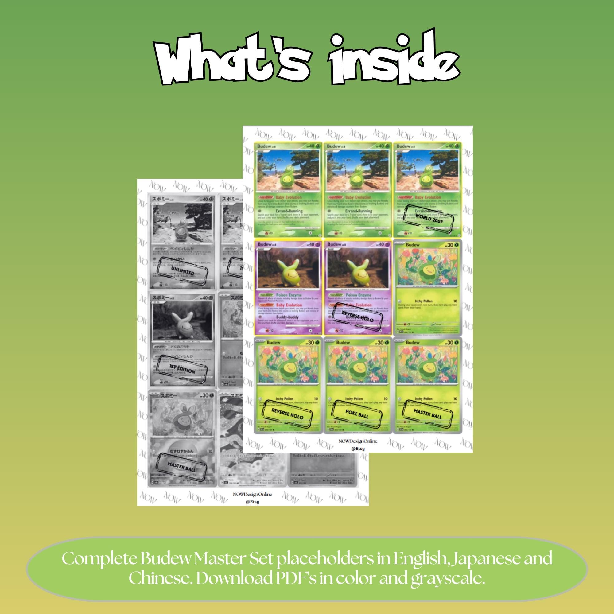 Budew binder pages set overview showing the included Pokémon cards to print and cut for your binder sleeves.