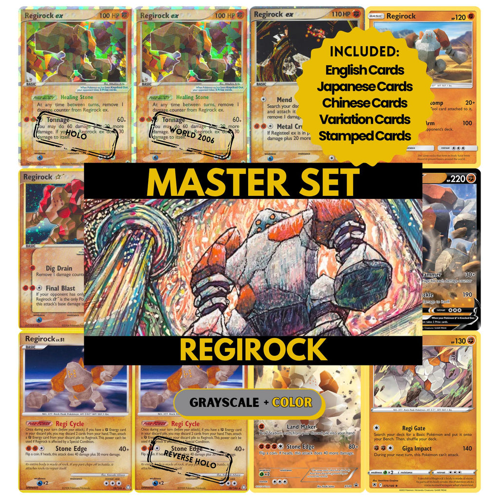 Regirock binder pages set showing grayscale and color Pokémon cards, designed as a digital download to complete a collector’s binder.