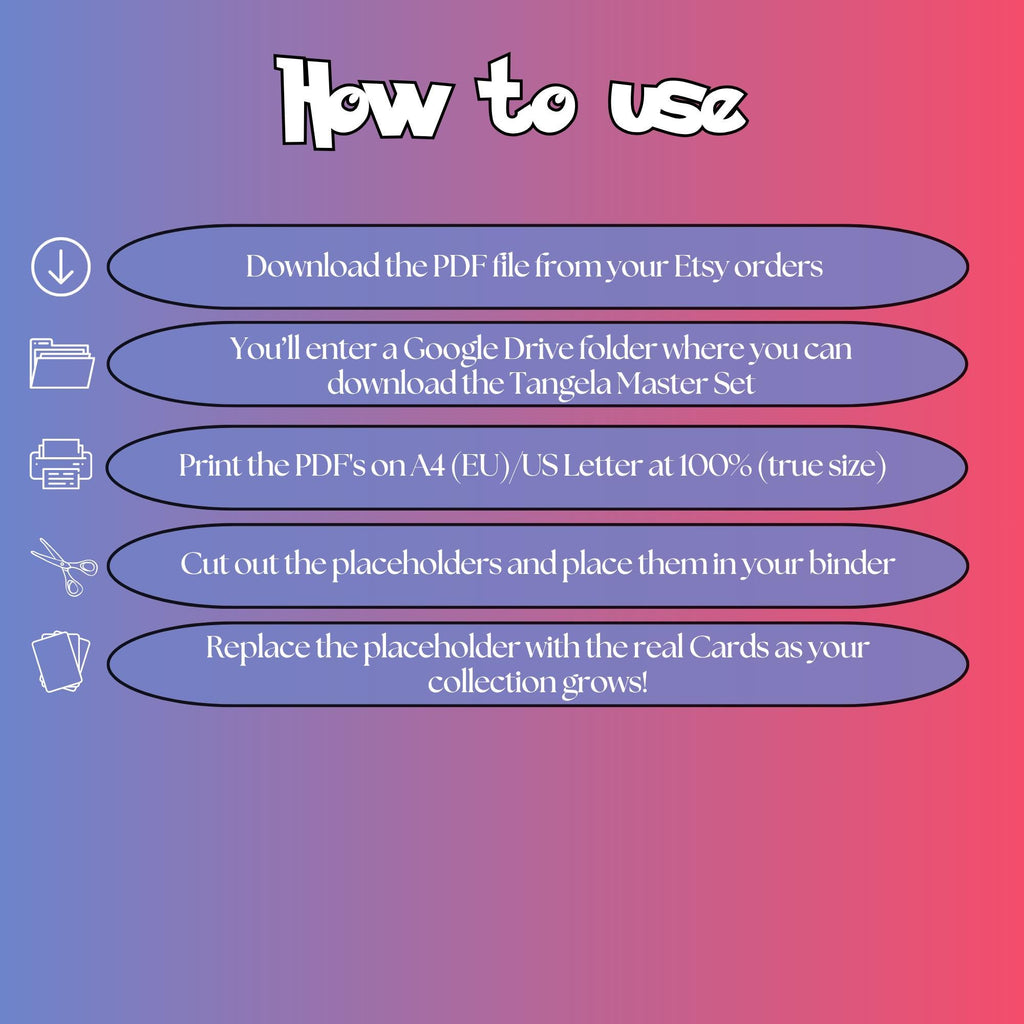 Tangela cards digital download instructions explaining how to print, cut, and place placeholders in a Pokémon binder.