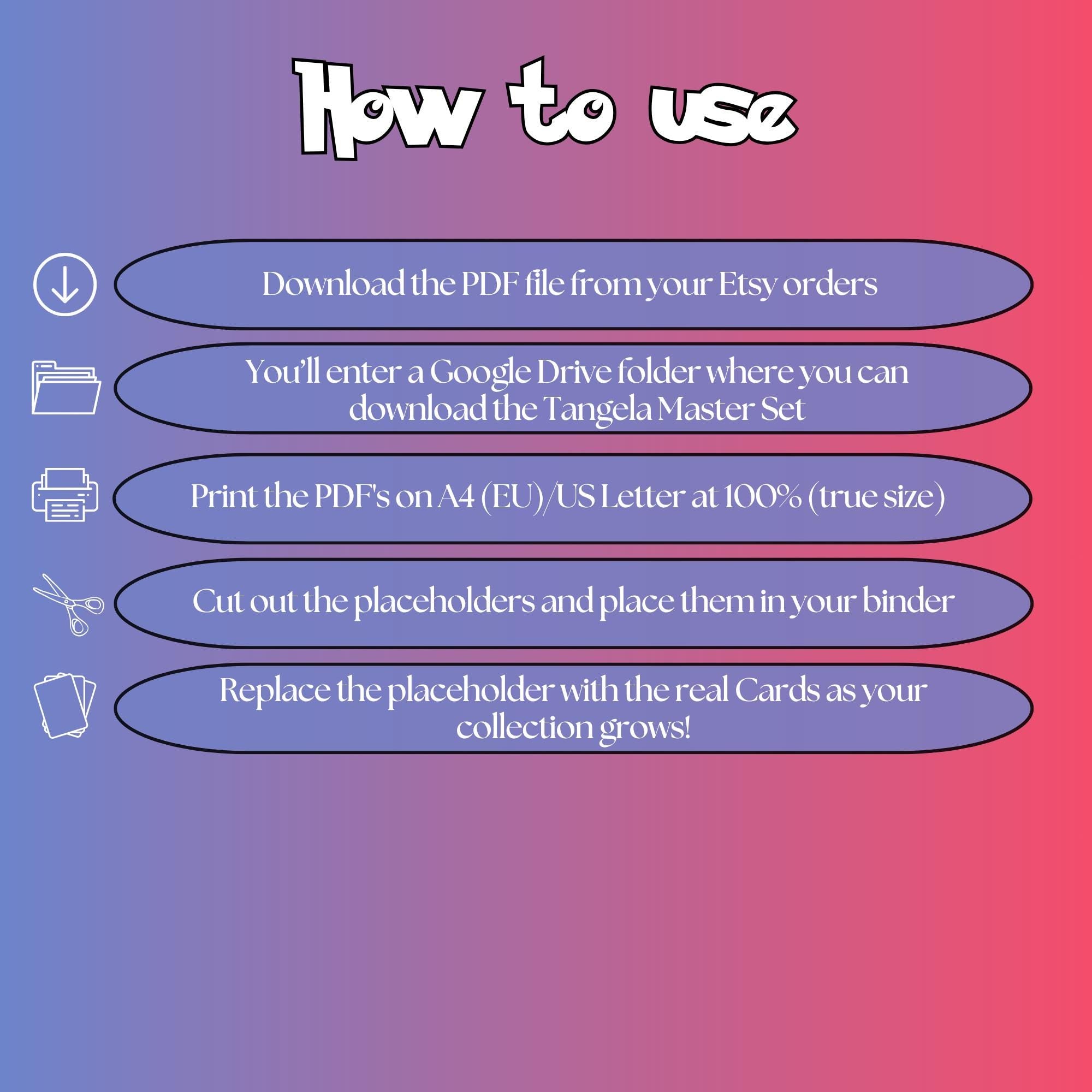 Tangela cards digital download instructions explaining how to print, cut, and place placeholders in a Pokémon binder.