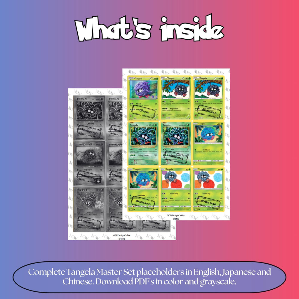 Tangela binder pages set overview showing the included Pokémon cards to print and cut for your binder sleeves.