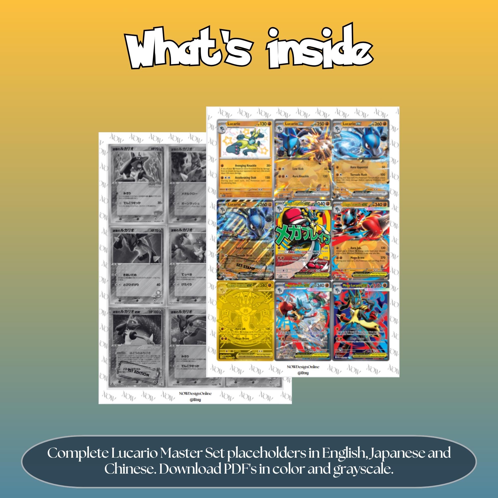Lucario binder pages set overview showing the included Pokémon cards to print and cut for your binder sleeves.