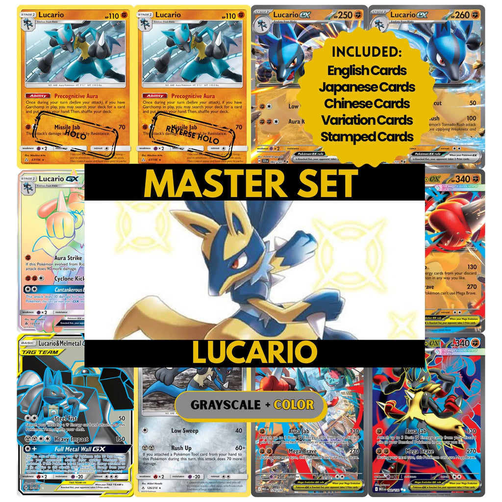 Lucario binder pages set showing grayscale and color Pokémon cards, designed as a digital download to complete a collector’s binder.