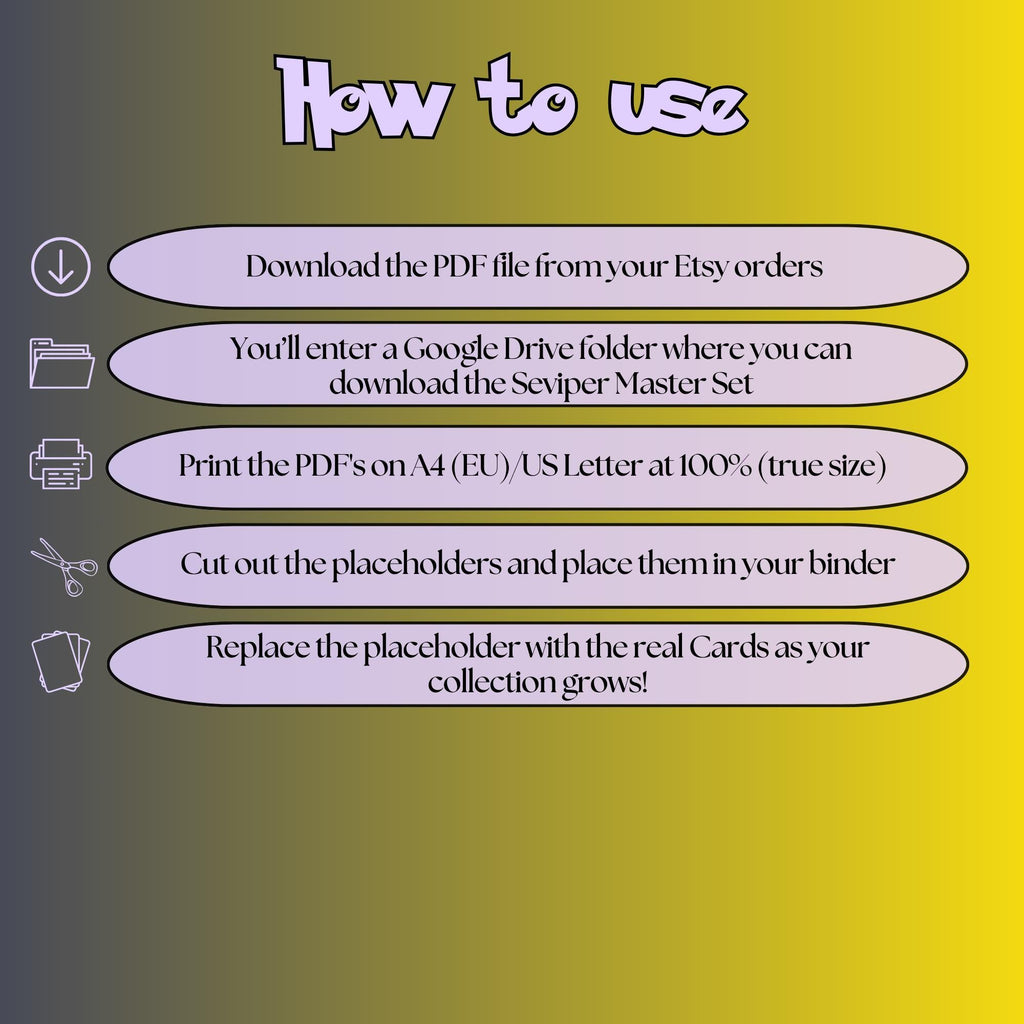 Seviper cards digital download instructions explaining how to print, cut, and place placeholders in a Pokémon binder.