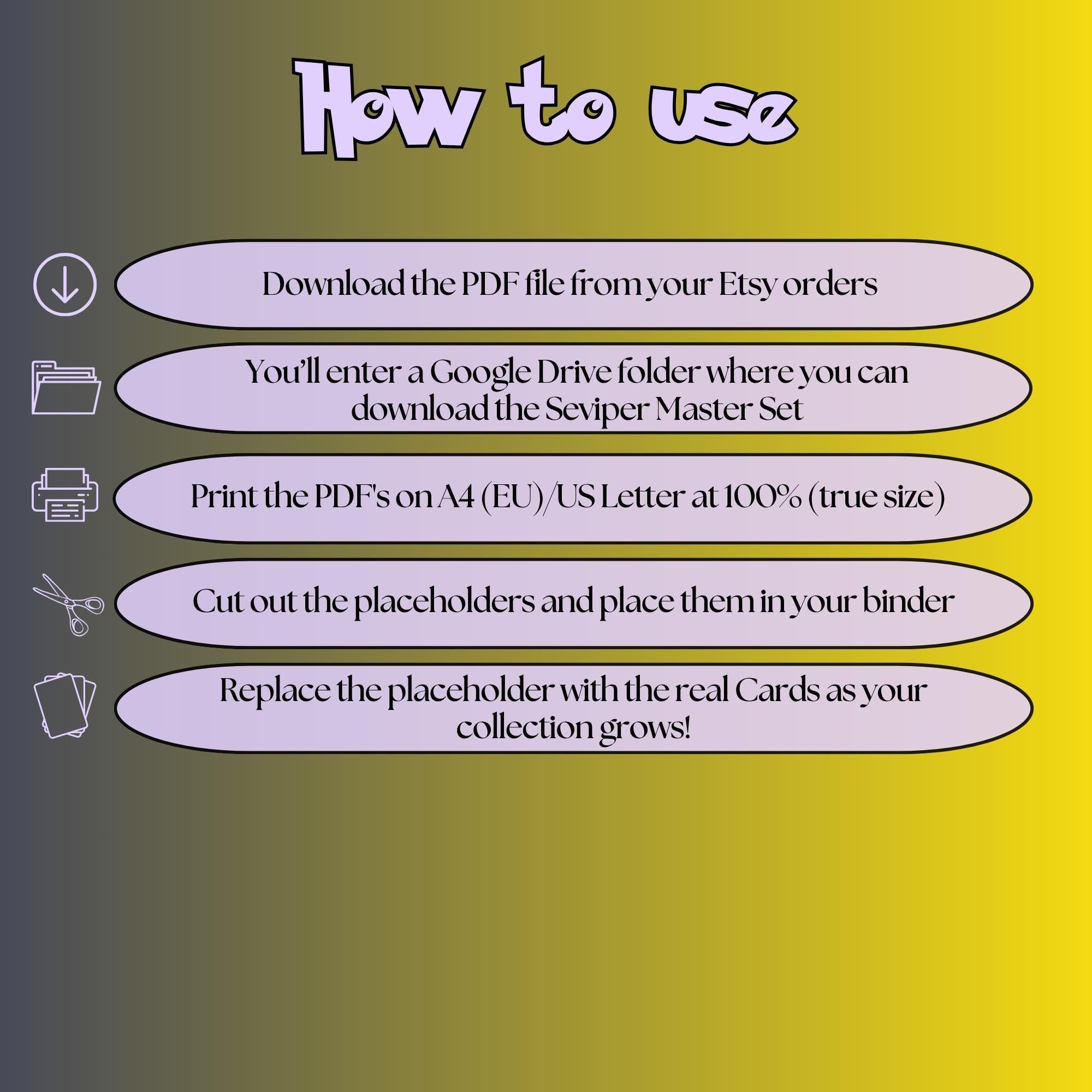 Seviper cards digital download instructions explaining how to print, cut, and place placeholders in a Pokémon binder.