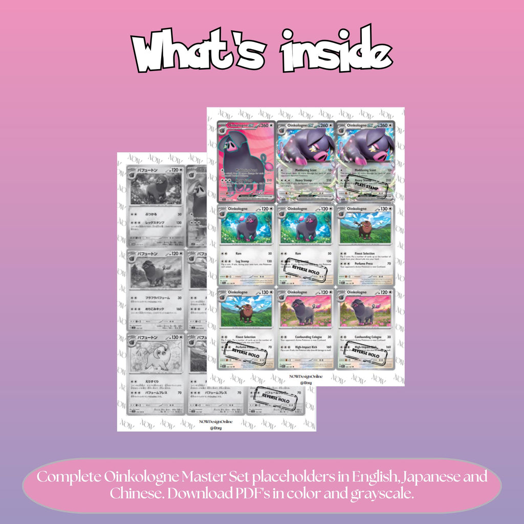Oinkologne binder pages set overview showing the included Pokémon cards to print and cut for your binder sleeves.