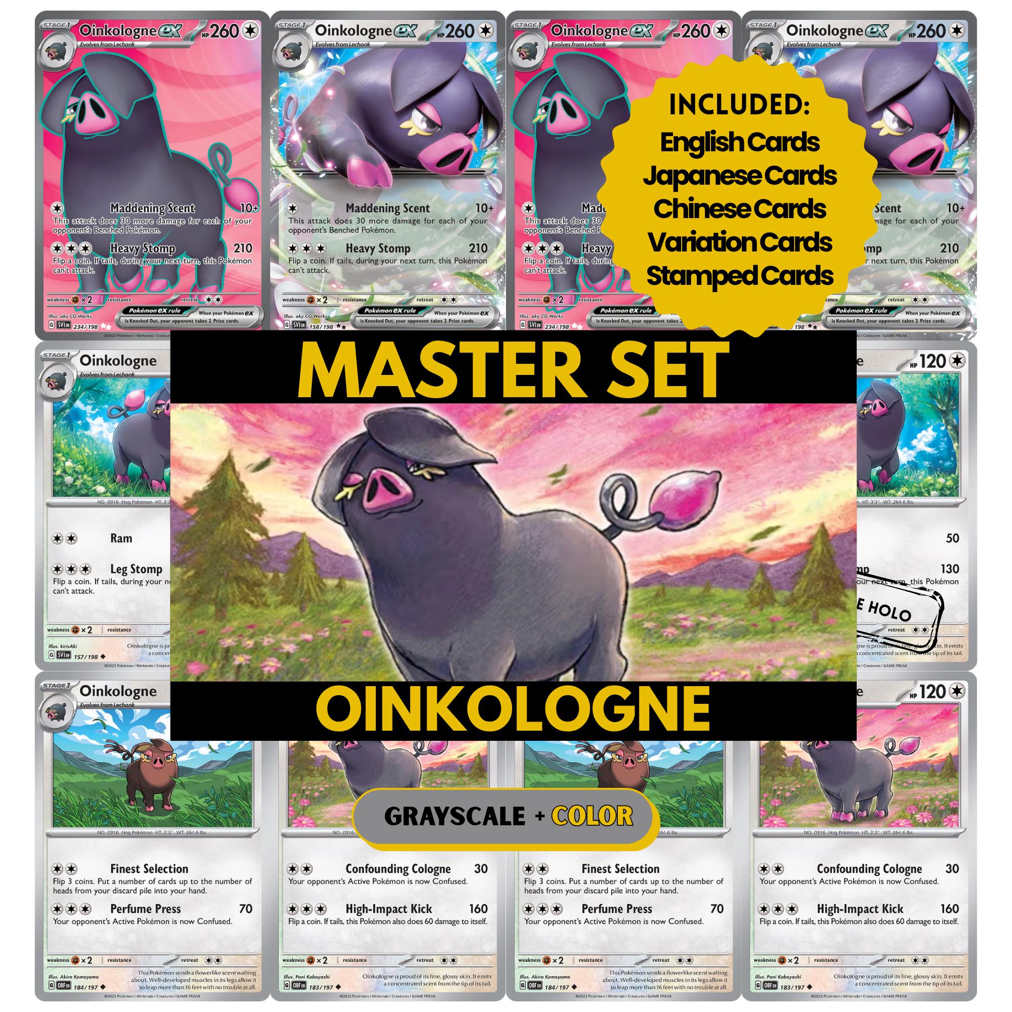 Oinkologne binder pages set showing grayscale and color Pokémon cards, designed as a digital download to complete a collector’s binder.