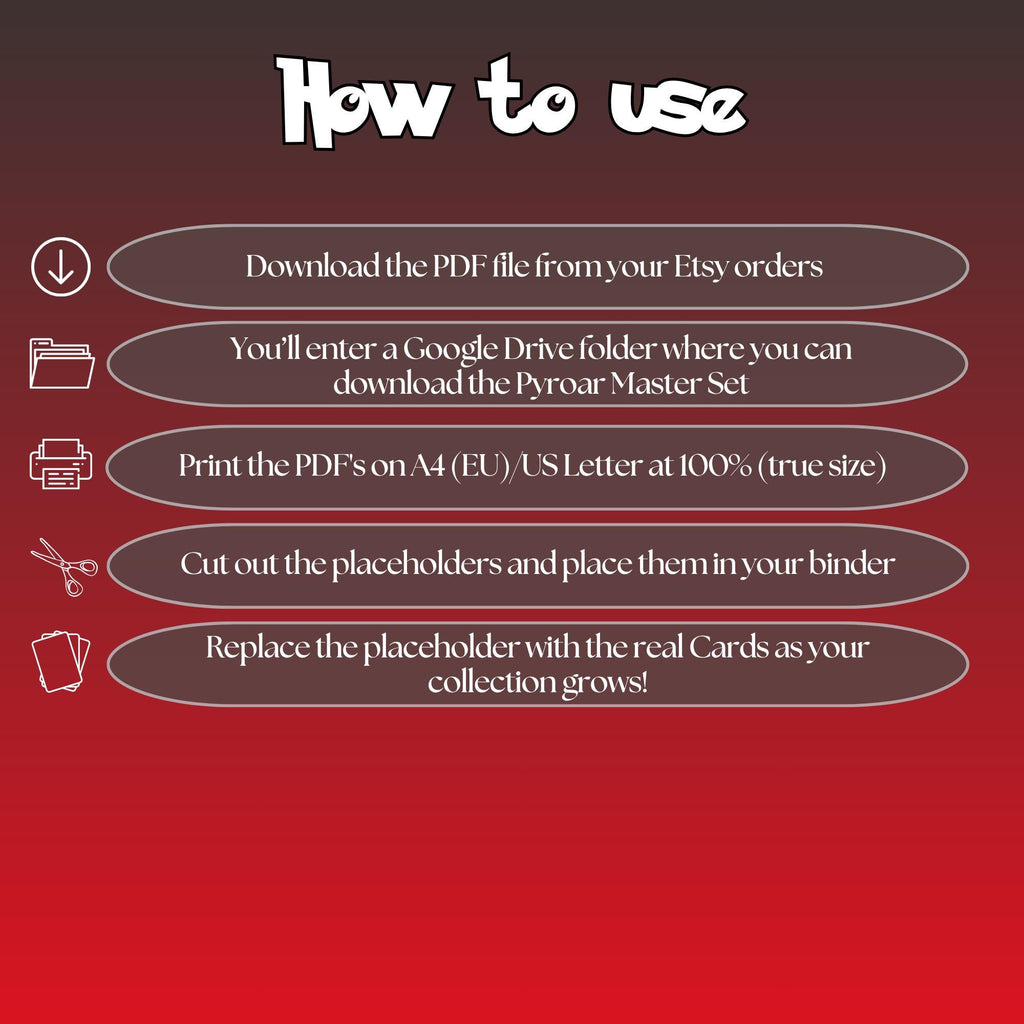 Pyroar cards digital download instructions explaining how to print, cut, and place placeholders in a Pokémon binder.