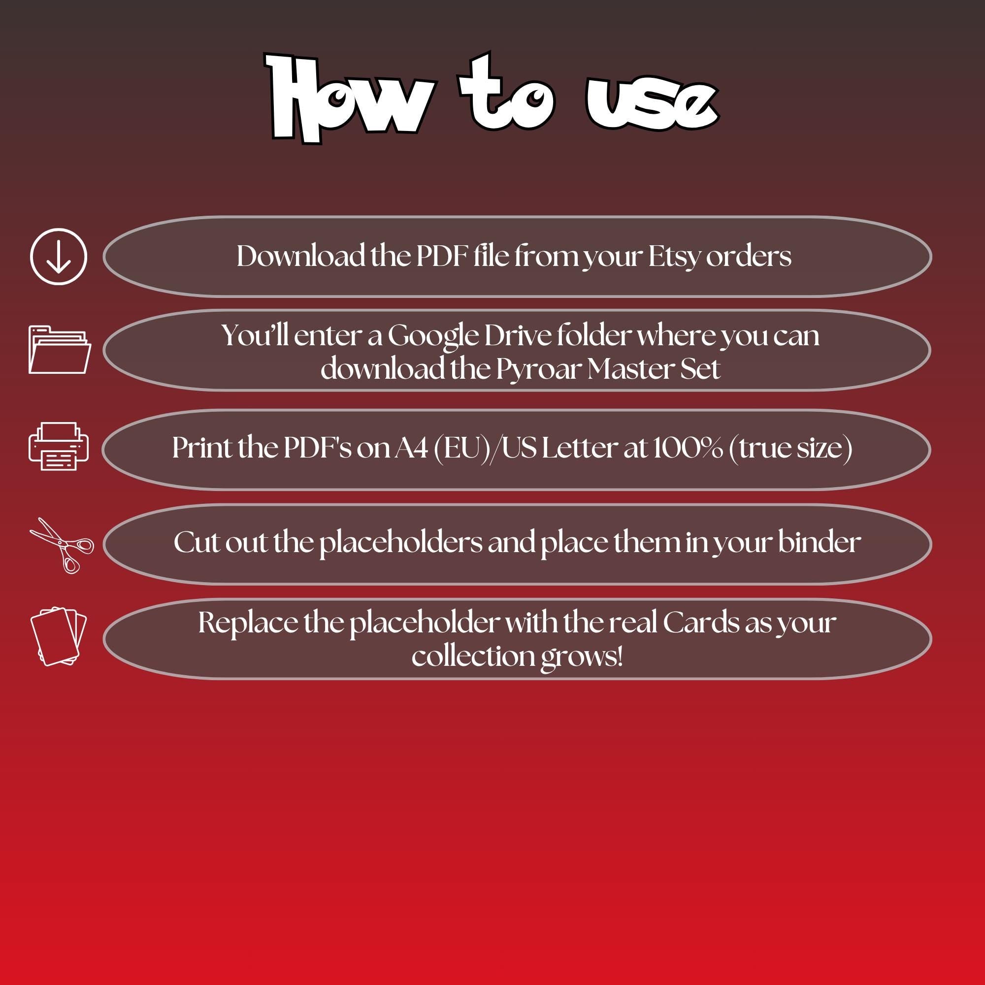 Pyroar cards digital download instructions explaining how to print, cut, and place placeholders in a Pokémon binder.