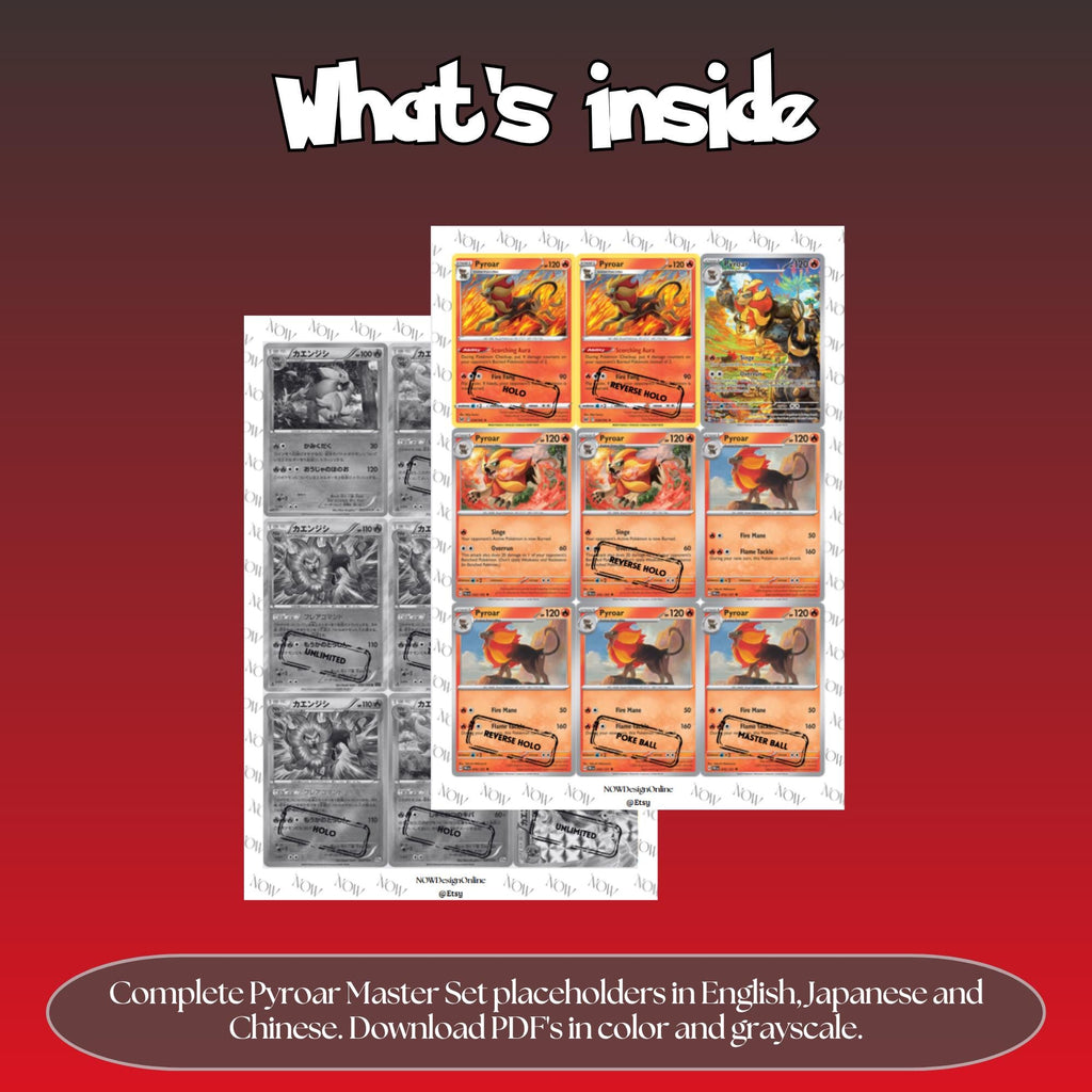 Pyroar binder pages set overview showing the included Pokémon cards to print and cut for your binder sleeves.