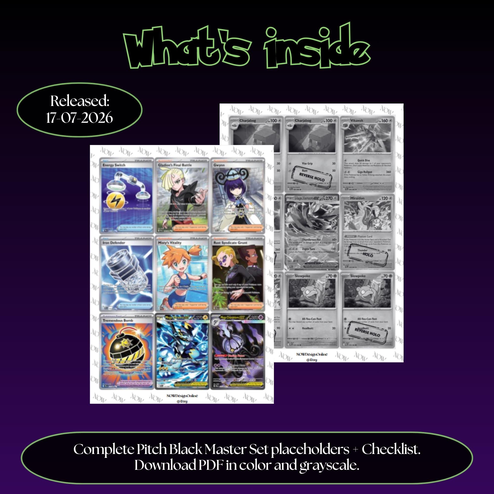 Pitch Black master set overview showing the included Pokémon cards to print and a full color checklist for the Pitch Black binder.